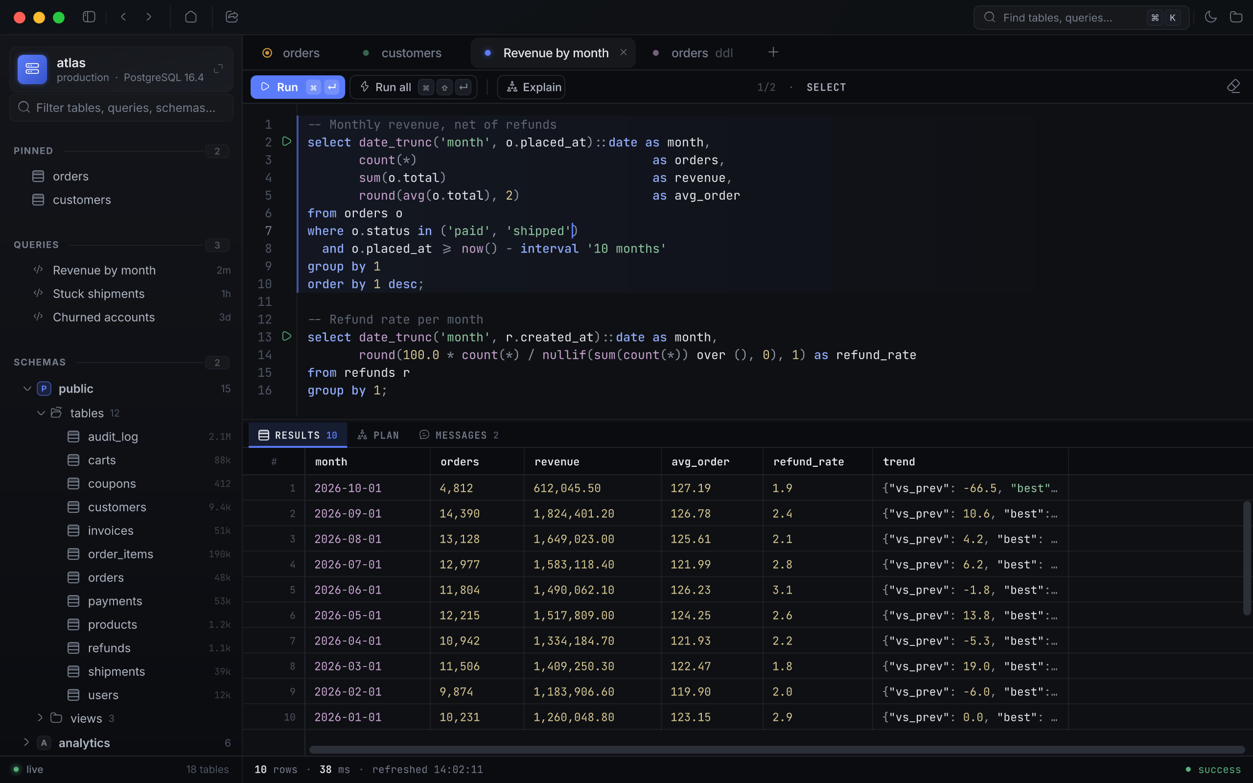 The SQL editor with a two-statement script, the caret statement highlighted, and its results below