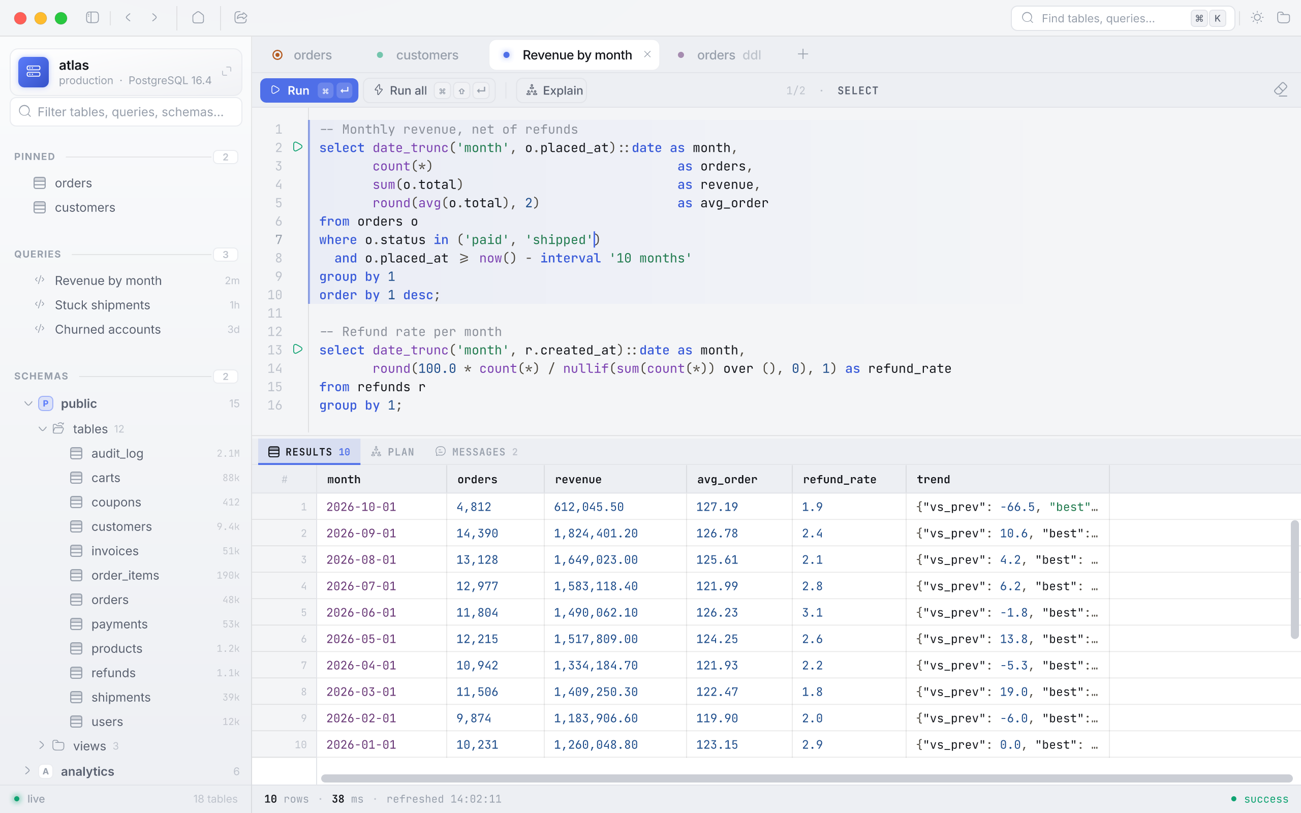 The SQL editor with a two-statement script, the caret statement highlighted, and its results below