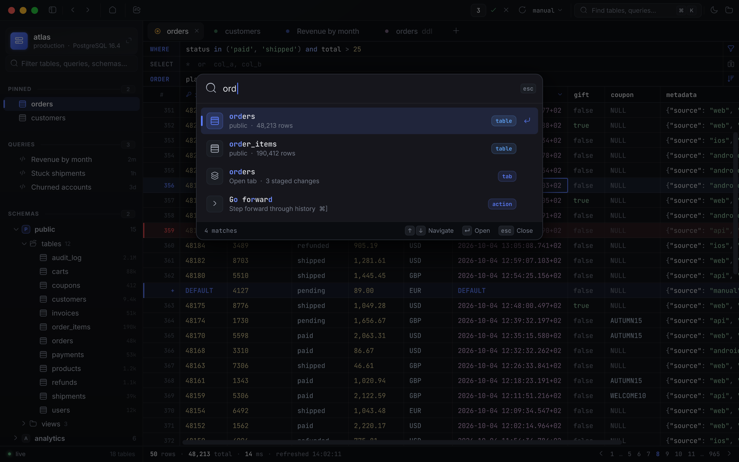 The command palette searching for “ord”, matching tables, an open tab and a command