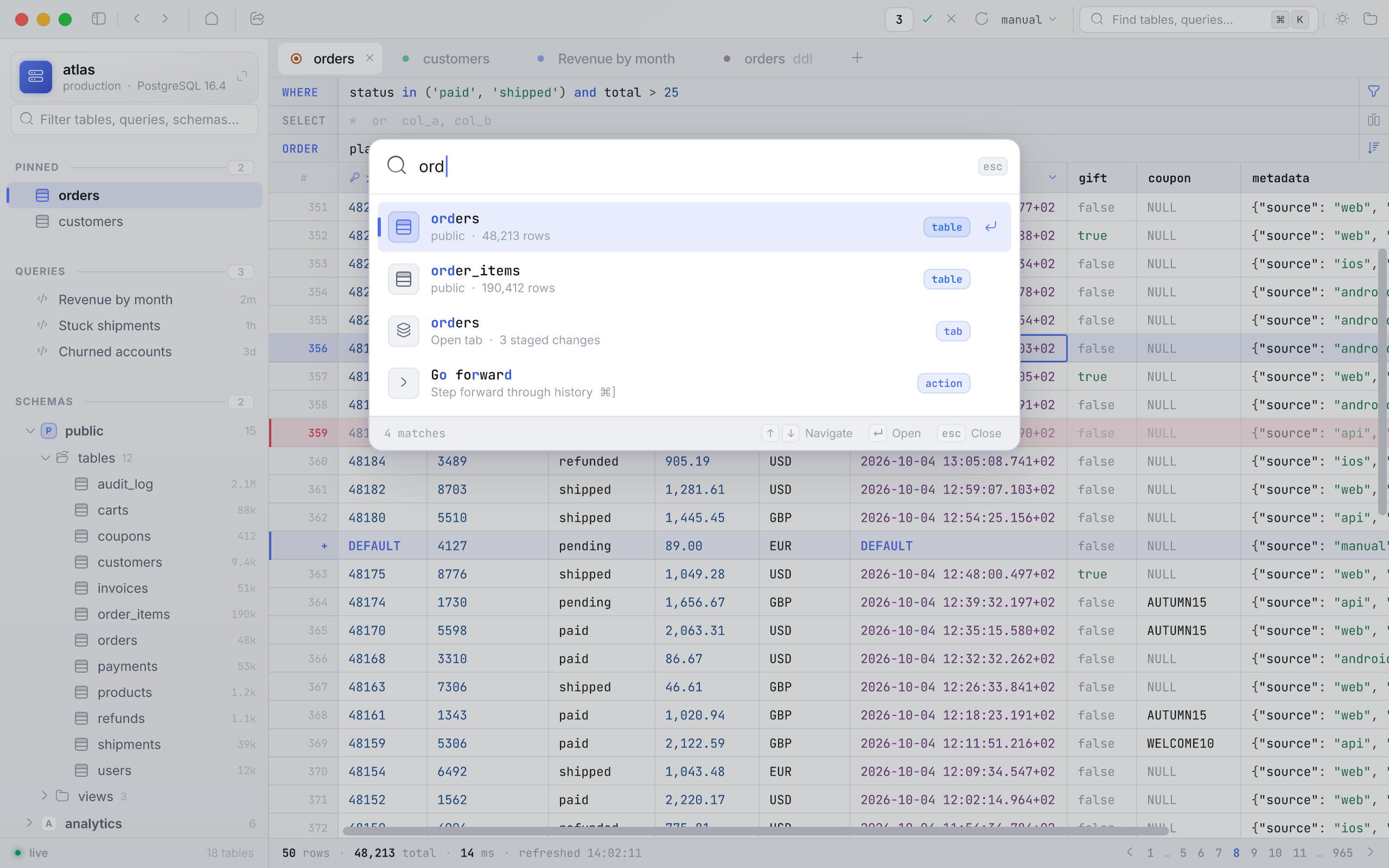 The command palette searching for “ord”, matching tables, an open tab and a command