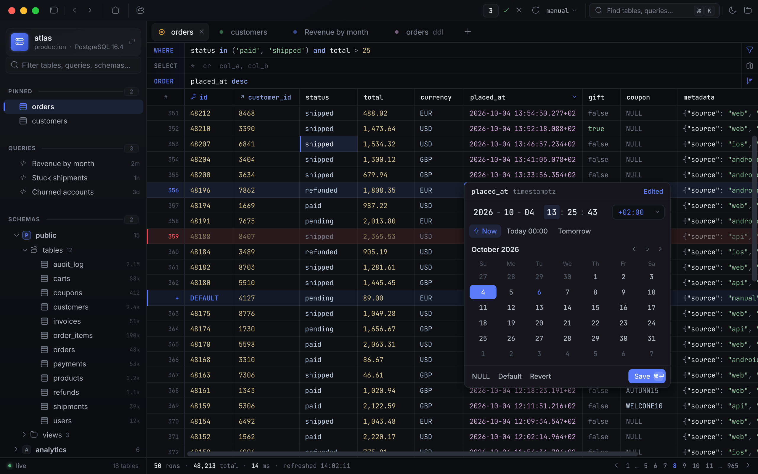 The timestamptz cell picker open over a cell: segmented date and time, quick actions, and a calendar