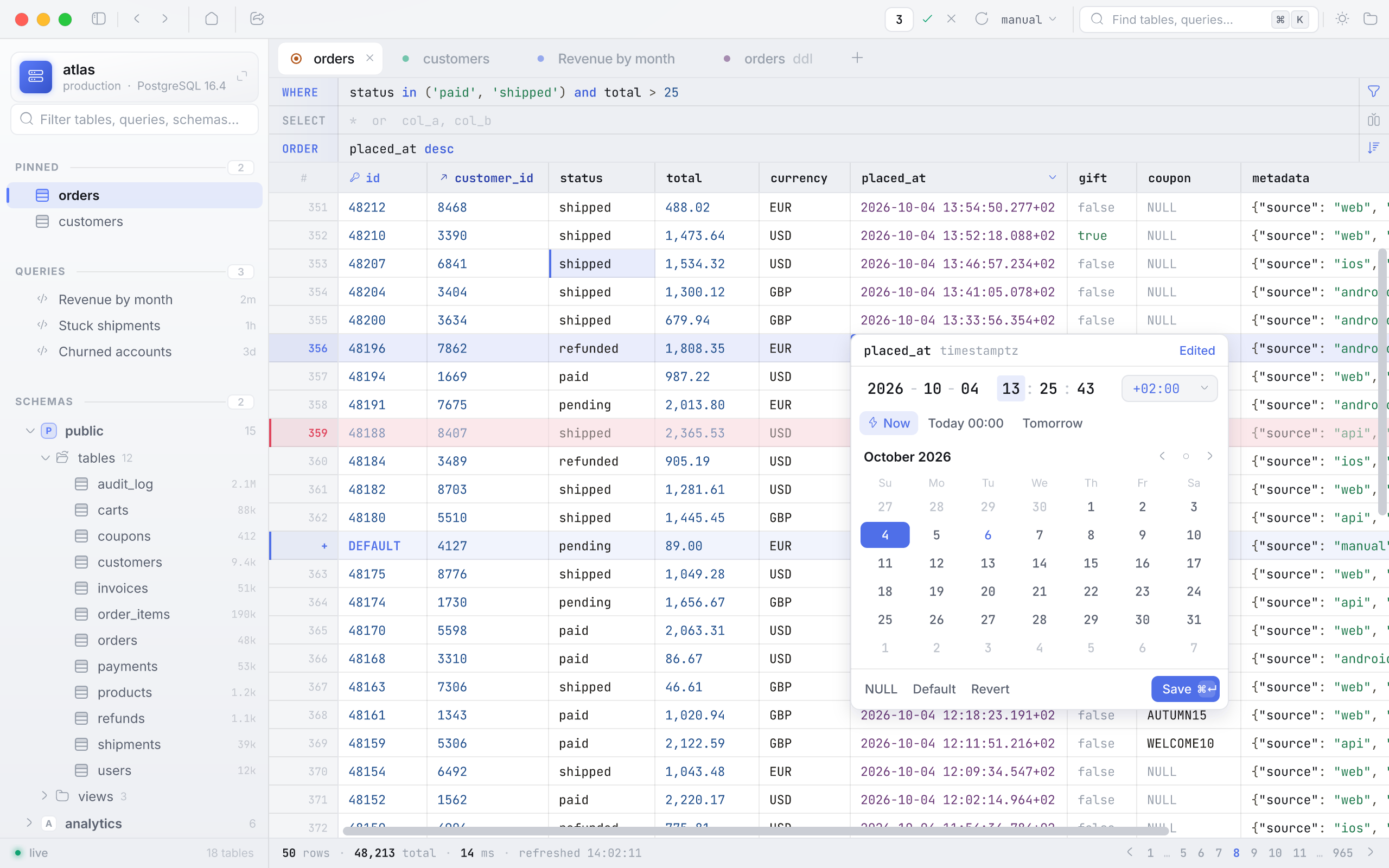 The timestamptz cell picker open over a cell: segmented date and time, quick actions, and a calendar