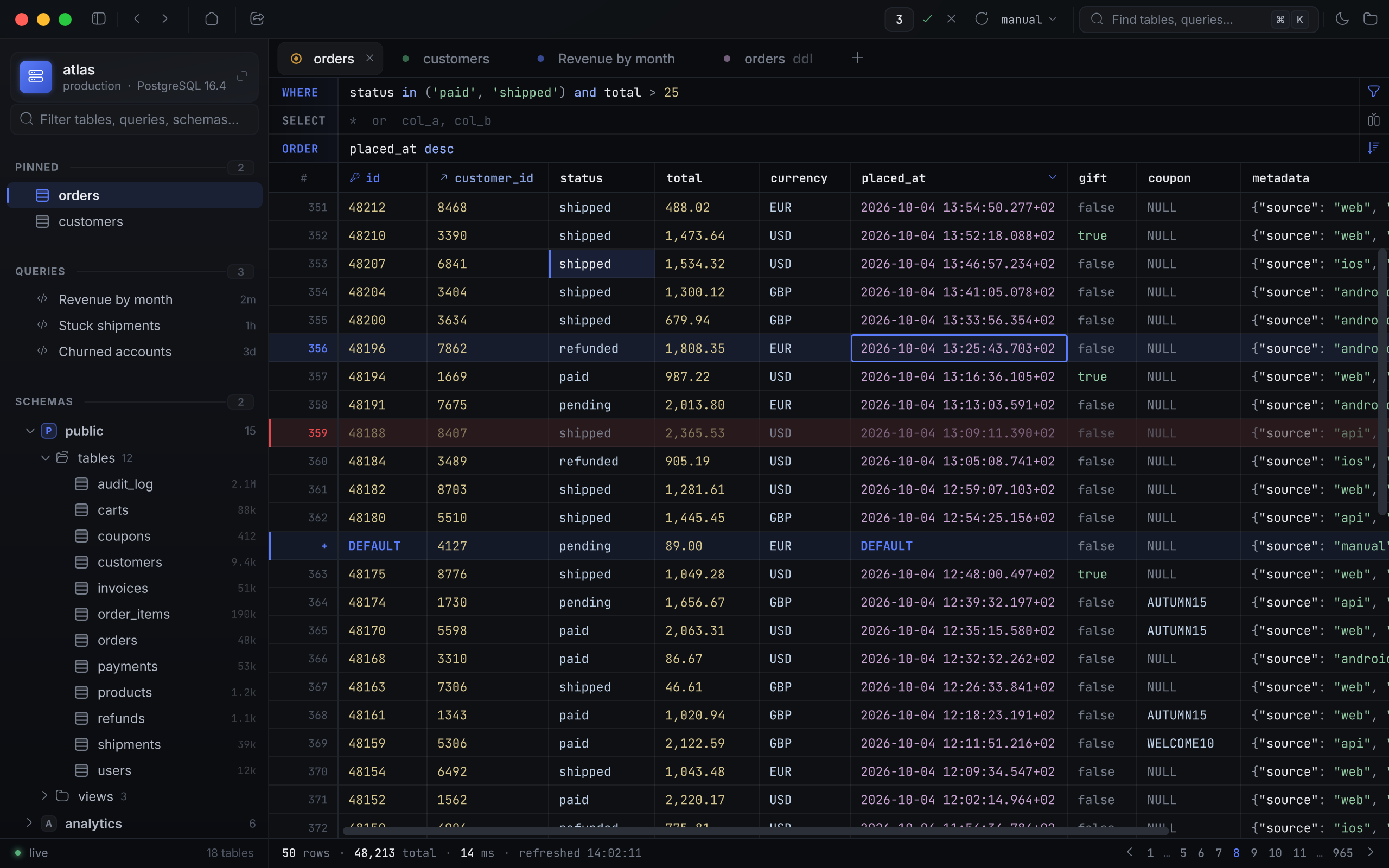 Aperture showing the orders table filtered and sorted, with an edited cell, a deleted row and a queued insert