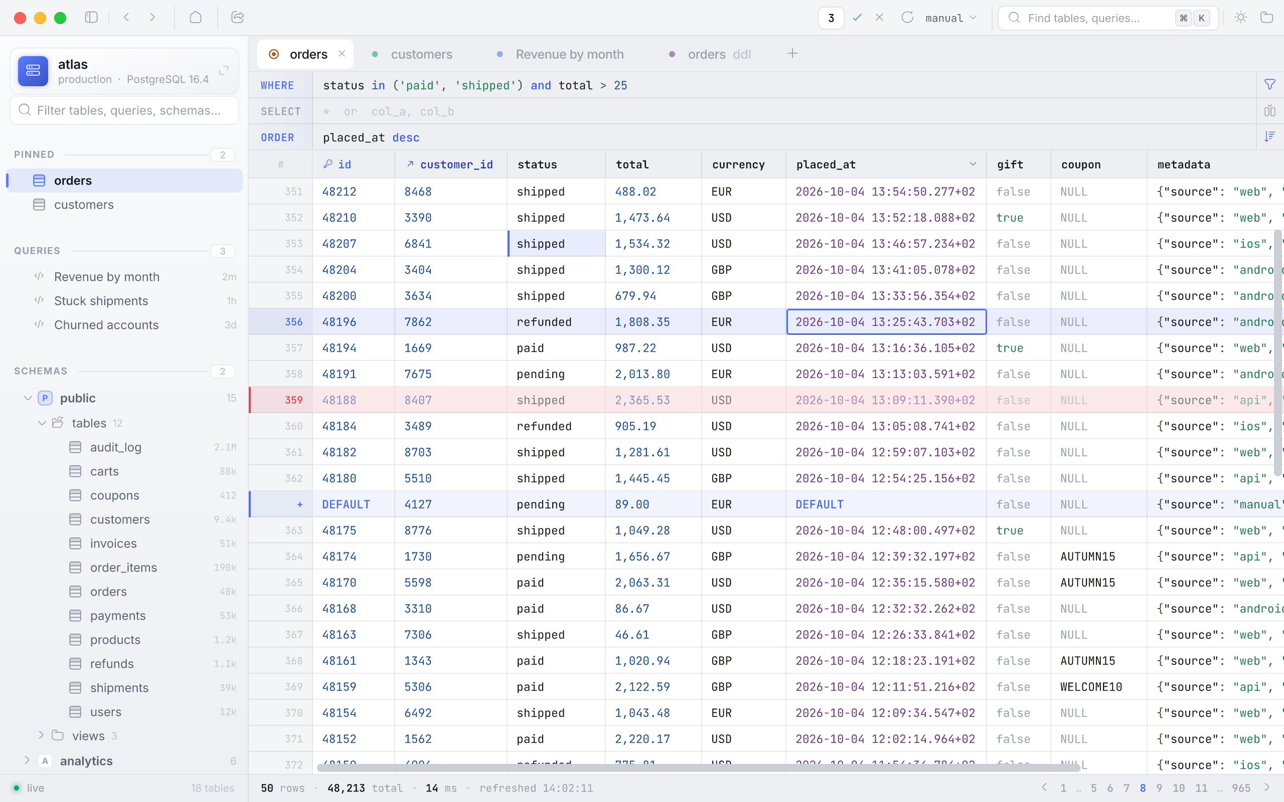 Aperture showing the orders table filtered and sorted, with an edited cell, a deleted row and a queued insert